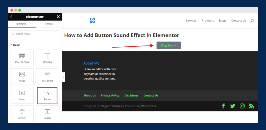 adding button sound effect, button sound effect, button sound effect in elementor, button sound effect wordpress