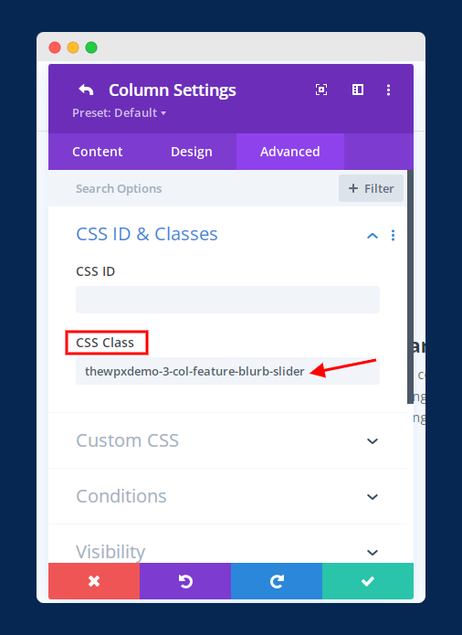 add css classes in column settings