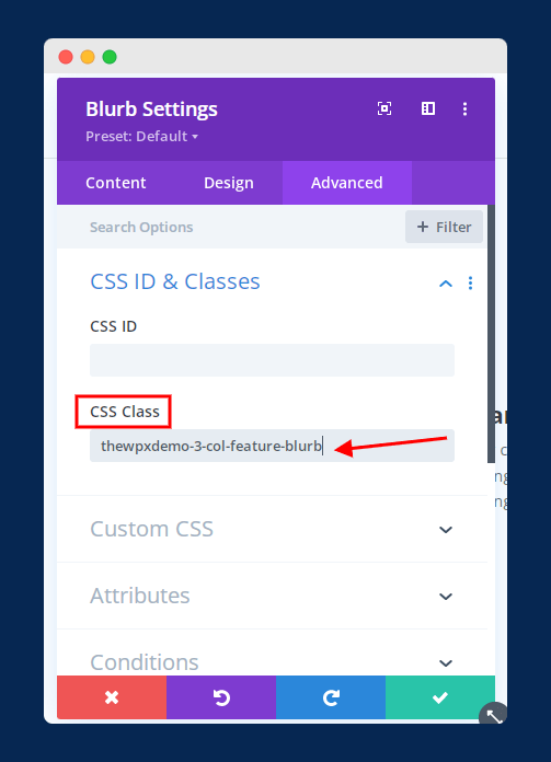 paste css classes in blurb settings